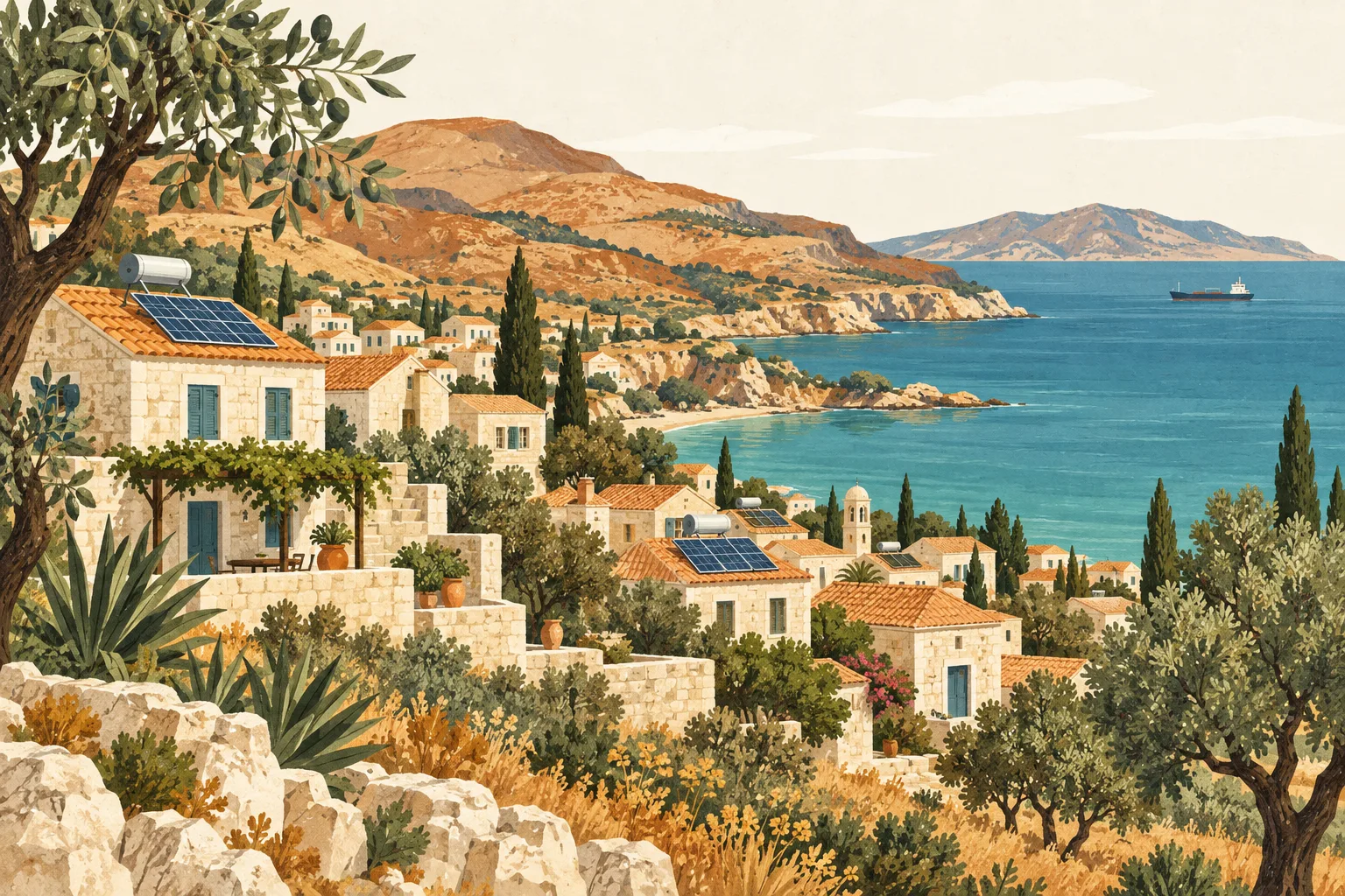 Illustrated Cypriot coastal village with olive trees, rooftop solar and a cargo ship offshore.